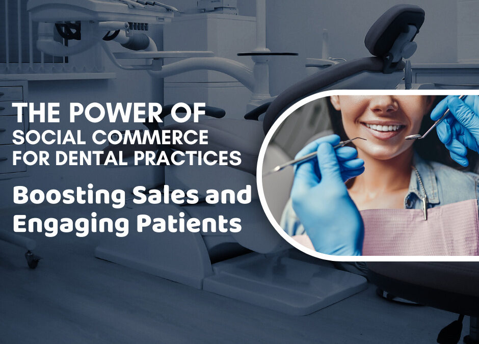 on left of the image is Title: The Power of Social Commerce for Dental Practices in the USA: Boosting Sales and Engaging Patients, on right a dentist is examining a patients teeth at a dental practice